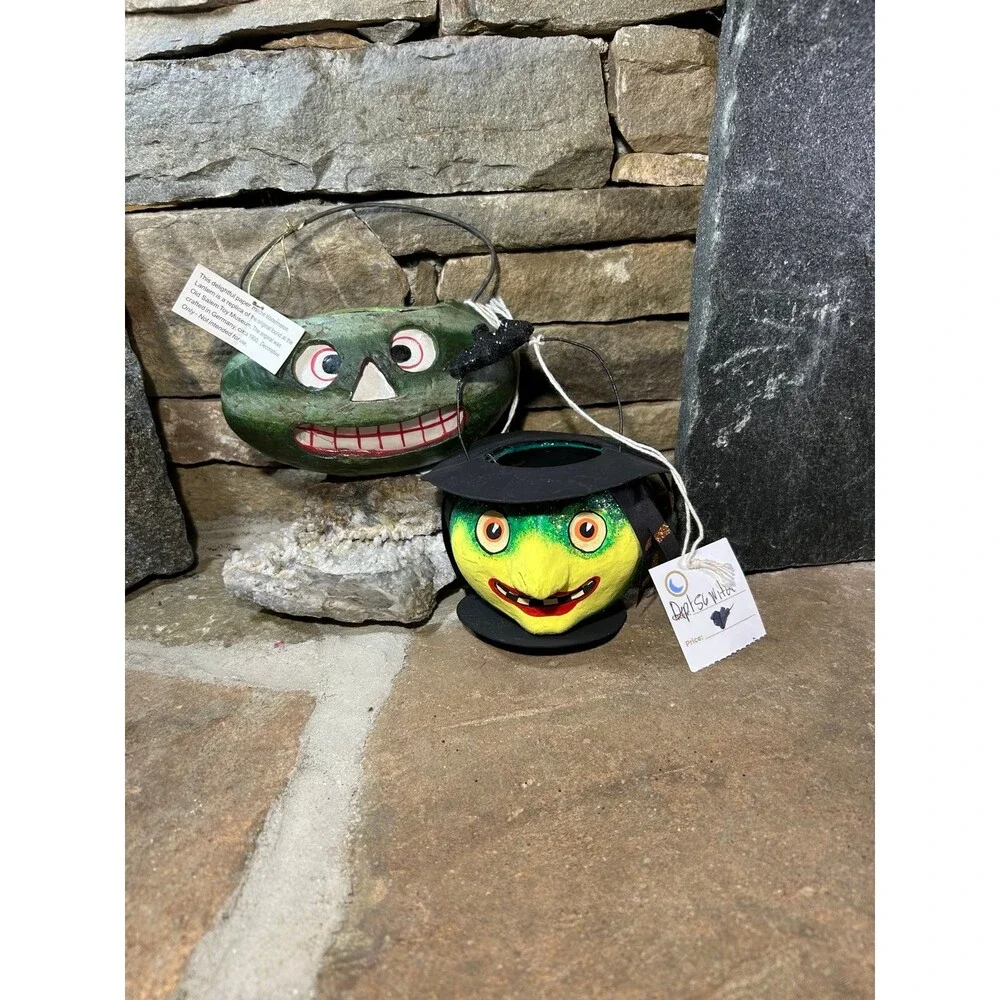 Dept 56 Paper Mache Witch and Green Jack O’ Lantern Halloween decorations READ